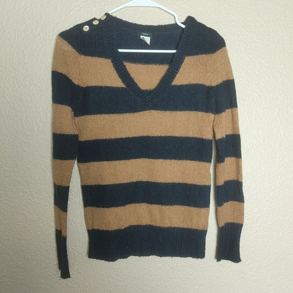 J Crew Size Large V‎ Neck Navy Blue Women's Merino Wool Sweater Long Sleeve
